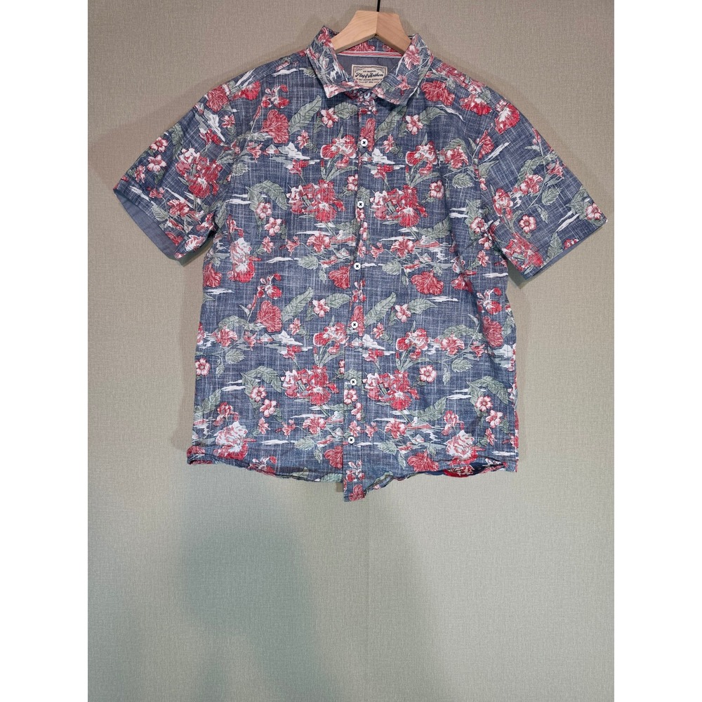 Flag & Anthem Mens Medium Blue Red Hibiscus Floral Short Sleve Button Down Shirt